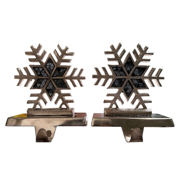 Silver Snowflake Gray Mosaic 2-Pack Stocking Holder Hanger - Picture 1 of 6